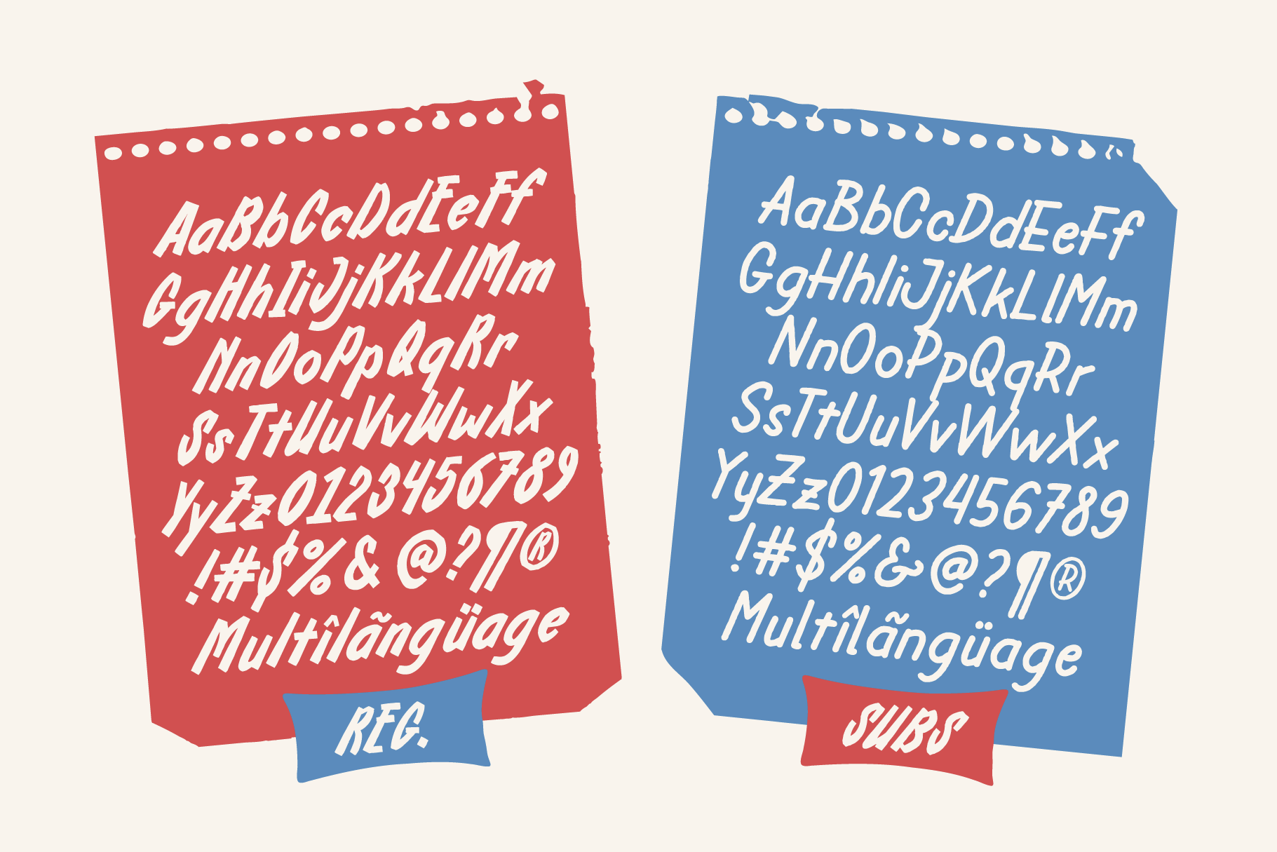 Playful script font with full character set displayed on red plus blue pinned note cards