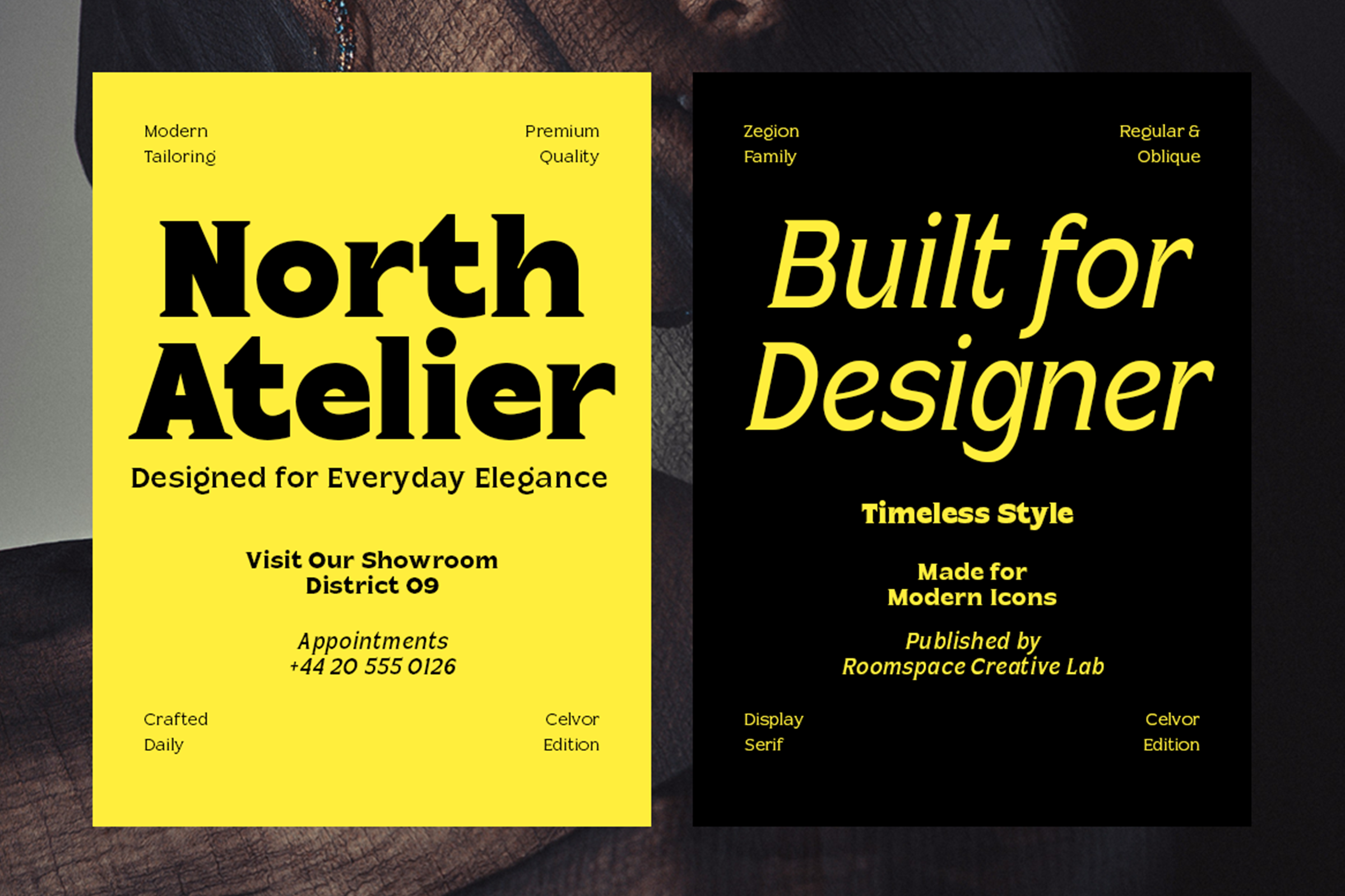 Bright yellow poster with bold black typography next to sleek black card with yellow text