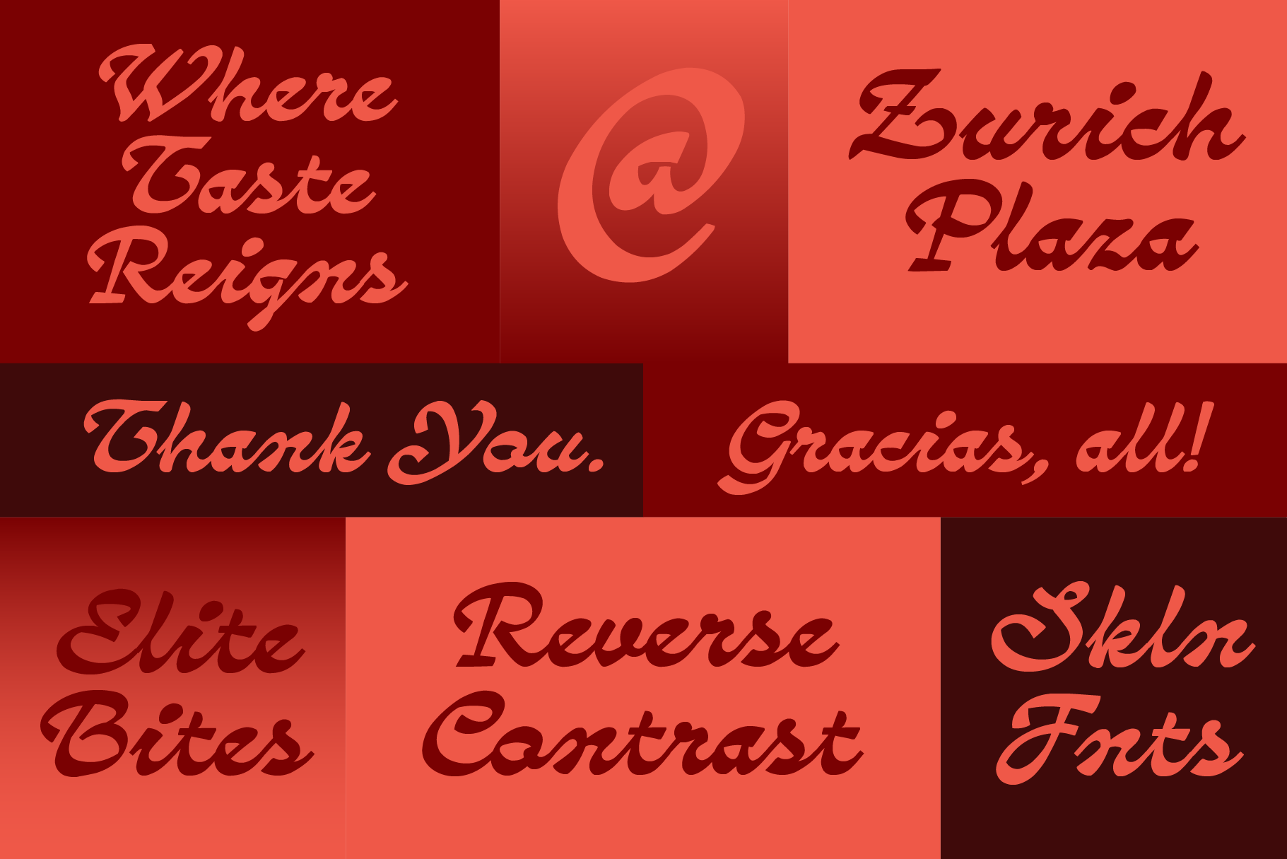 Italic script font in coral tones with sample phrases on red gradient backgrounds