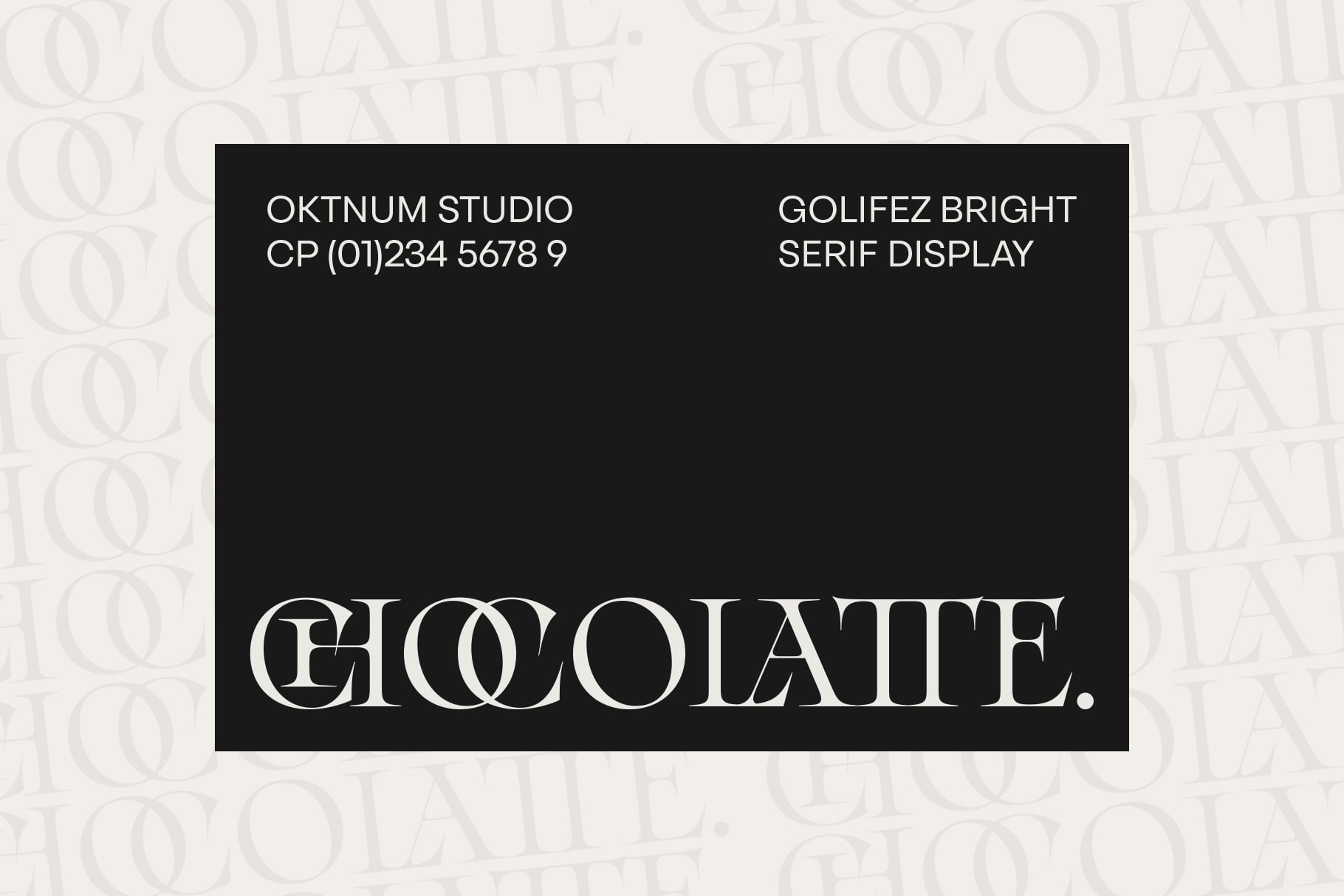 Luxury brand mockup with Golifez Bright serif font displayed on black rectangle with studio contact info