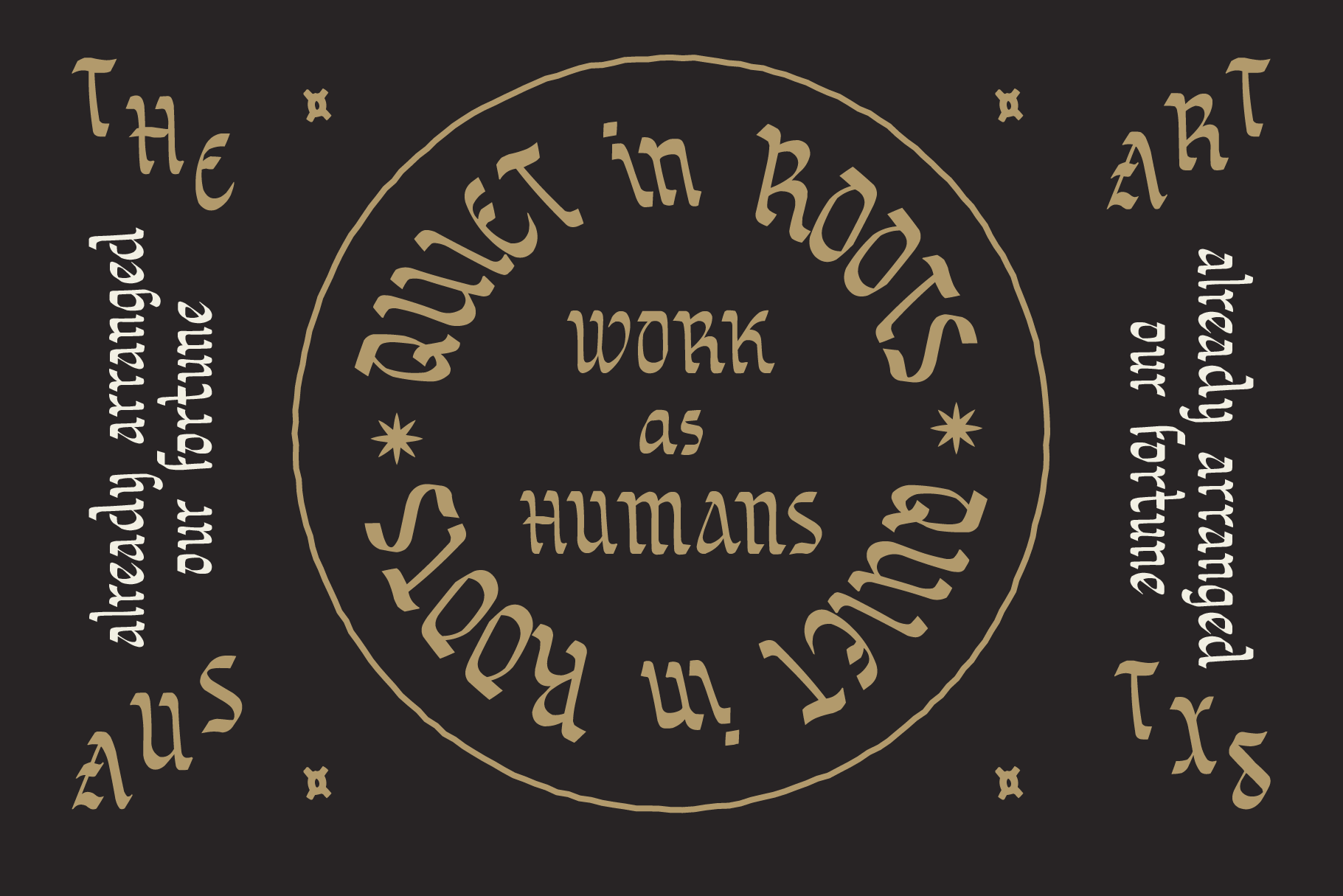 Gold circular design with text about art arranged in a circle on dark background
