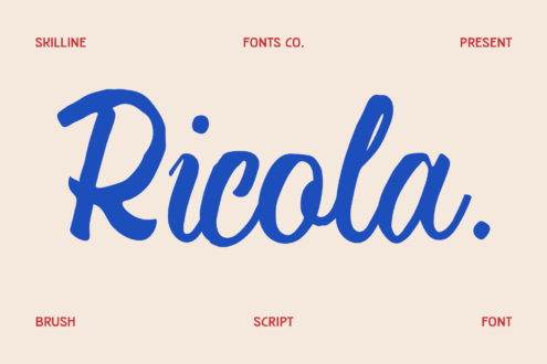 Riealla brush script font in bold blue on cream background with labels