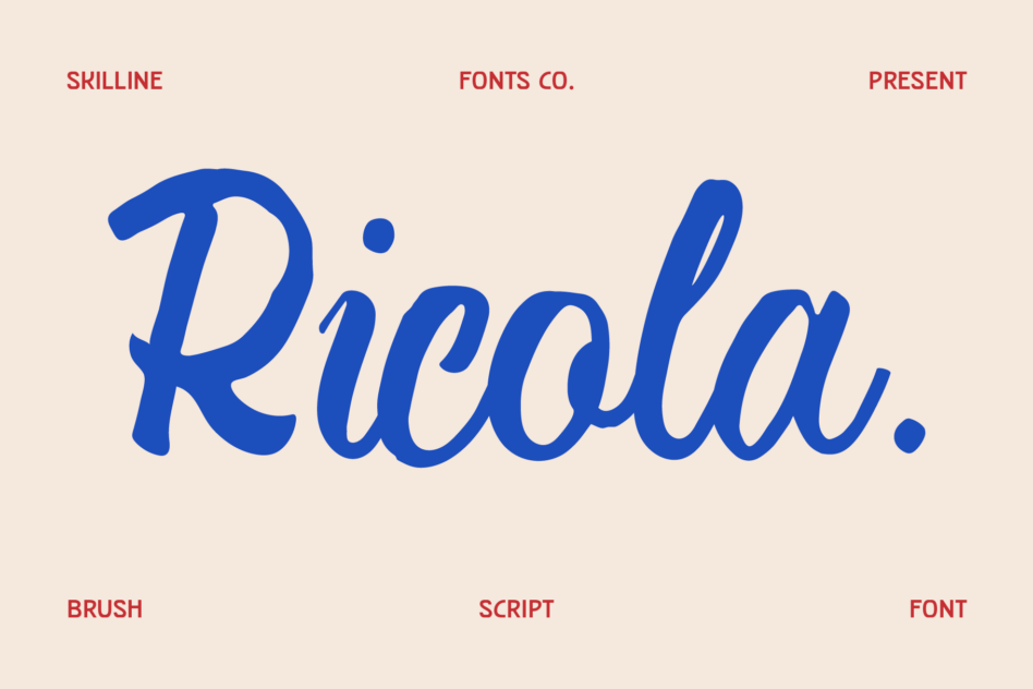 Riealla brush script font in bold blue on cream background with labels