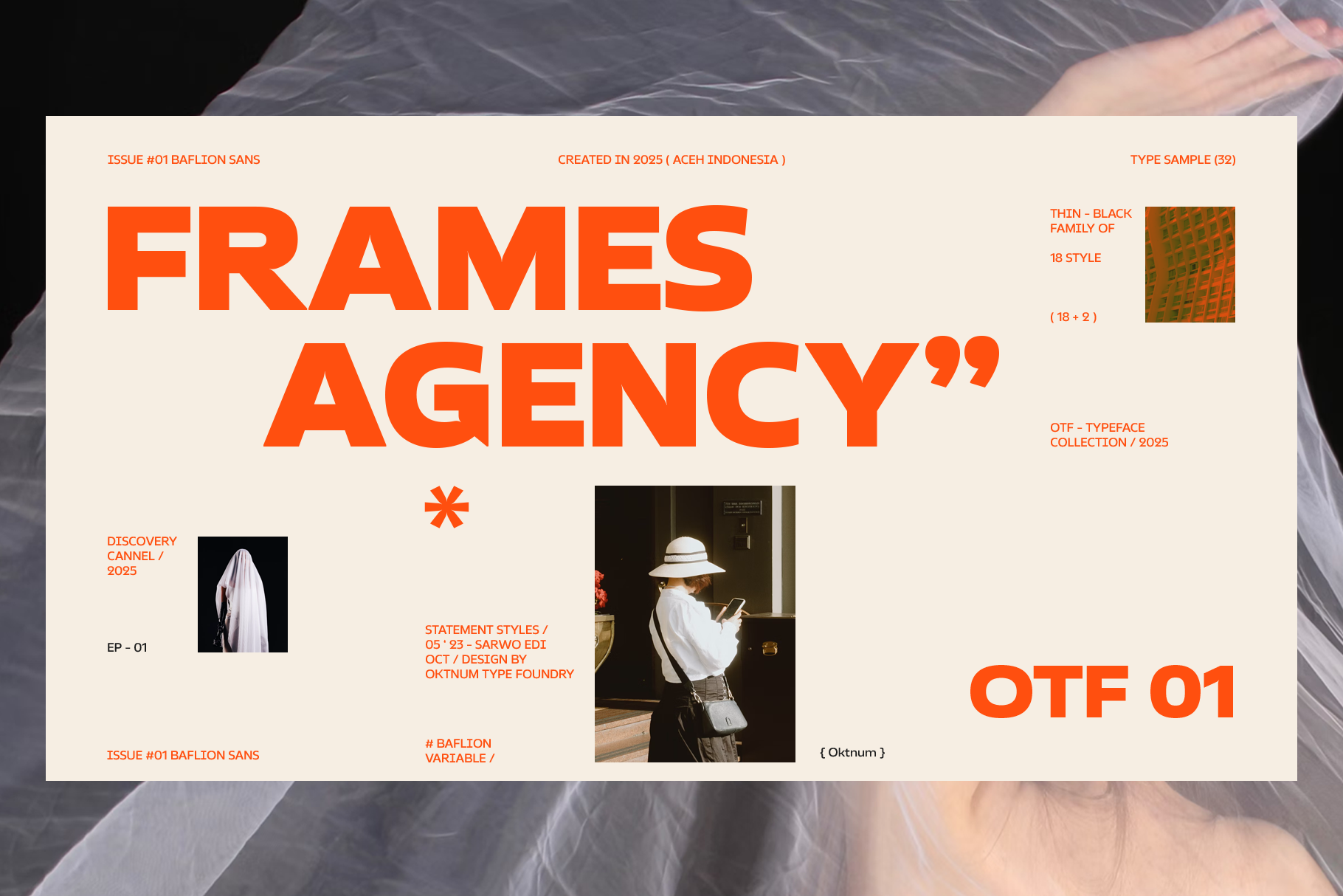 Frames Agency font specimen sheet with bold orange Baflion Sans typeface on cream background