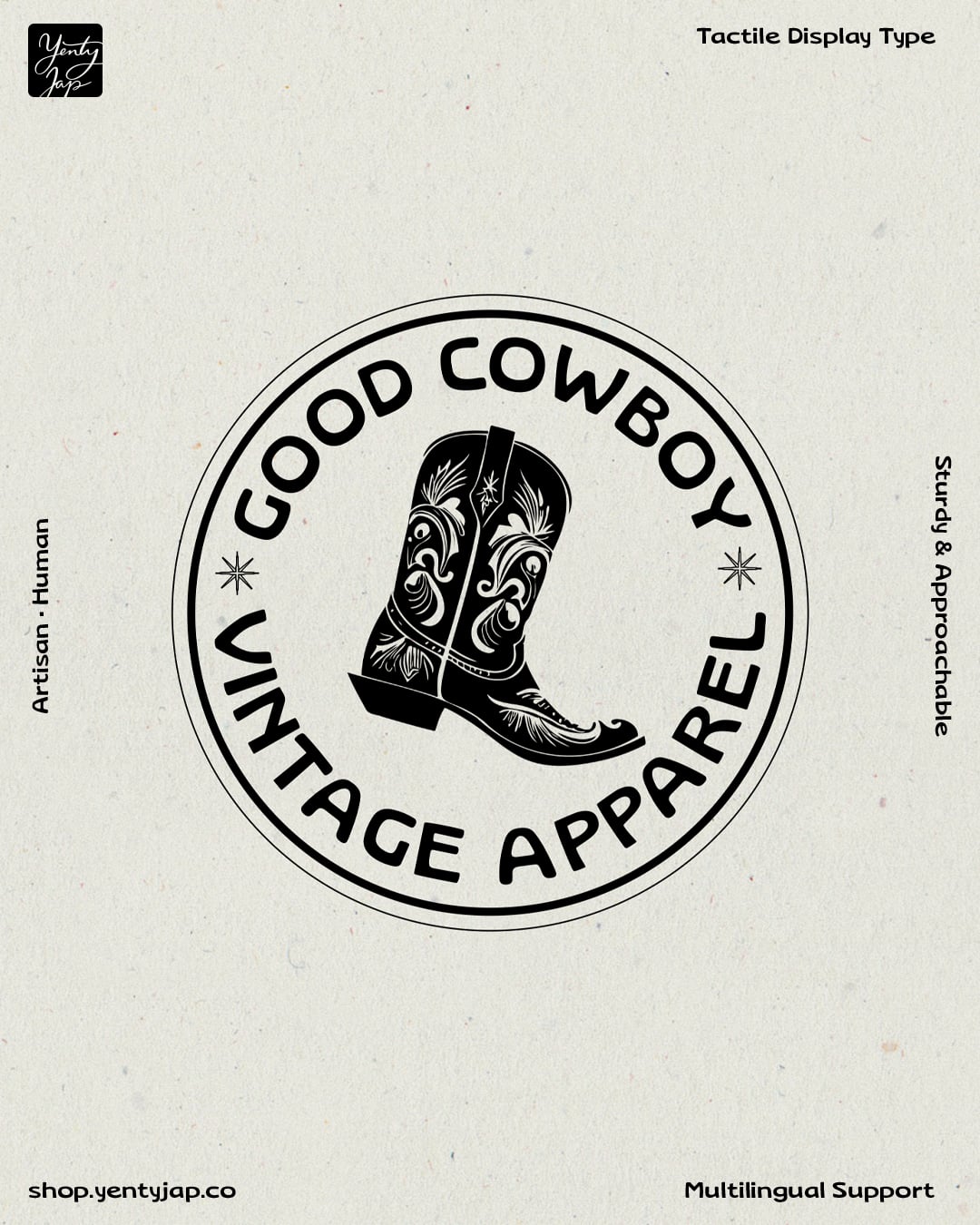 Circular badge logo with ornate cowboy boots, "Good Cowboy Vintage Apparel" text around the rim