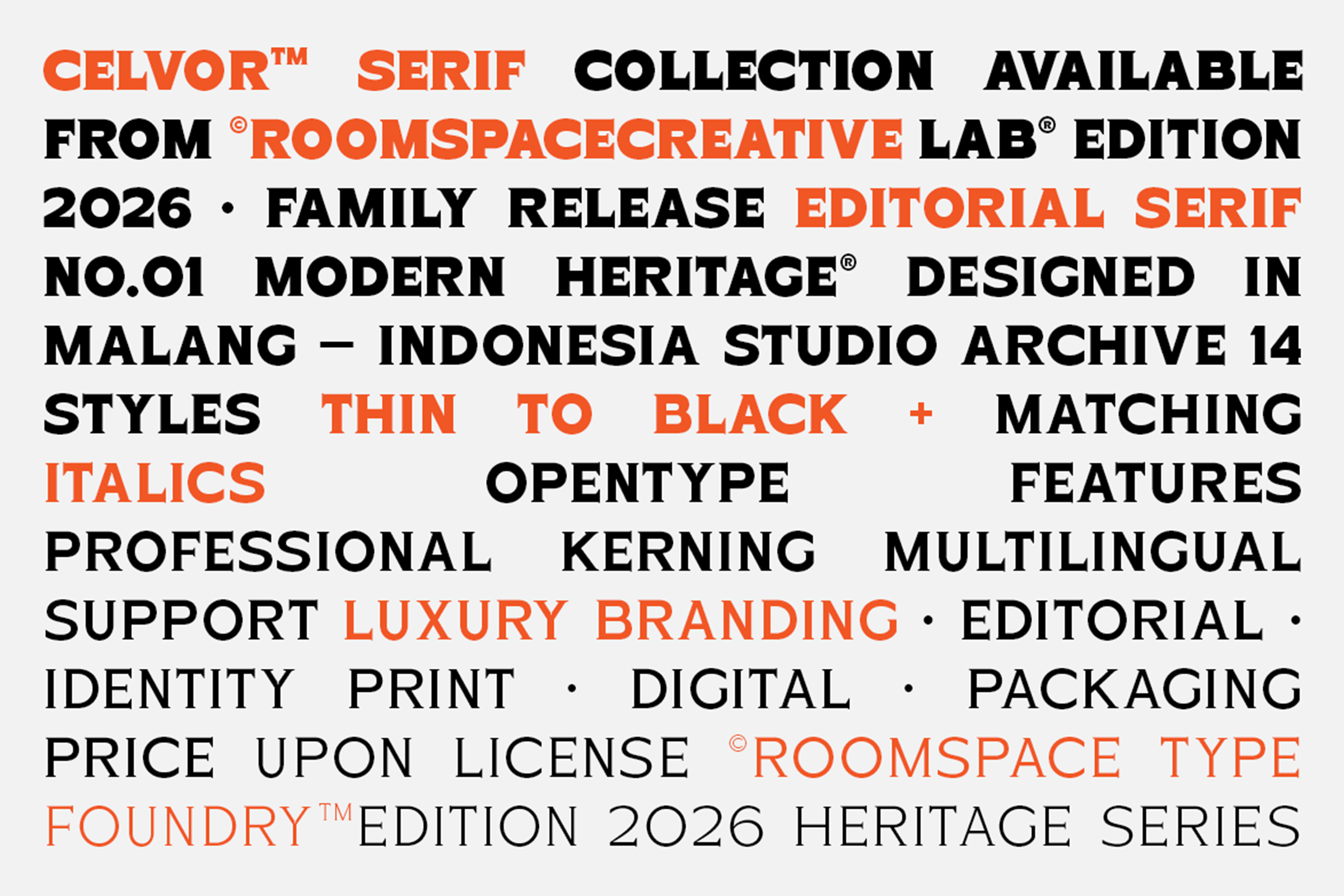 Celvor Serif typeface specimen showing 14 weights from thin to black with italics