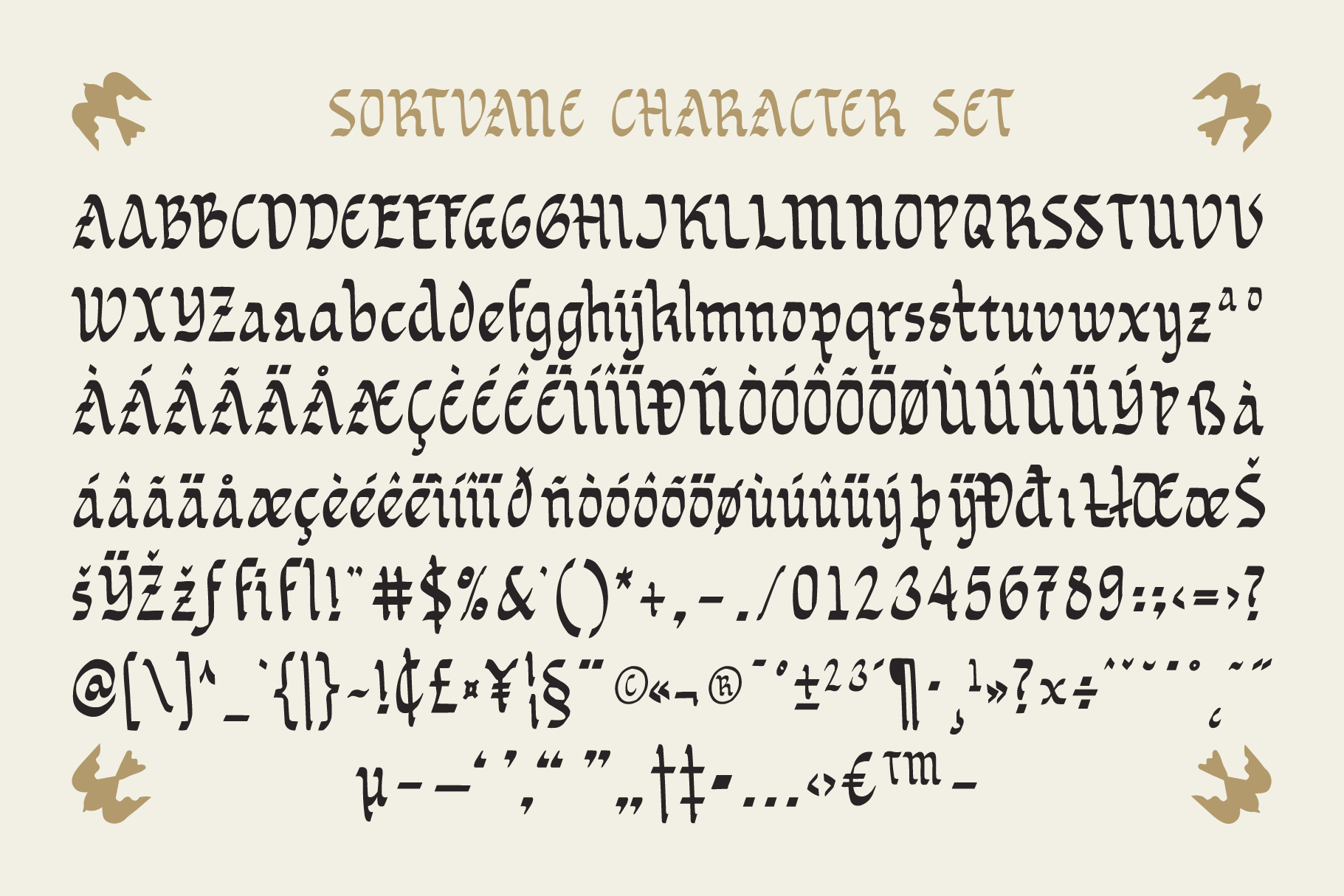 Sortvane font showing full character set with uppercase, lowercase, accents, numbers, symbols on cream background