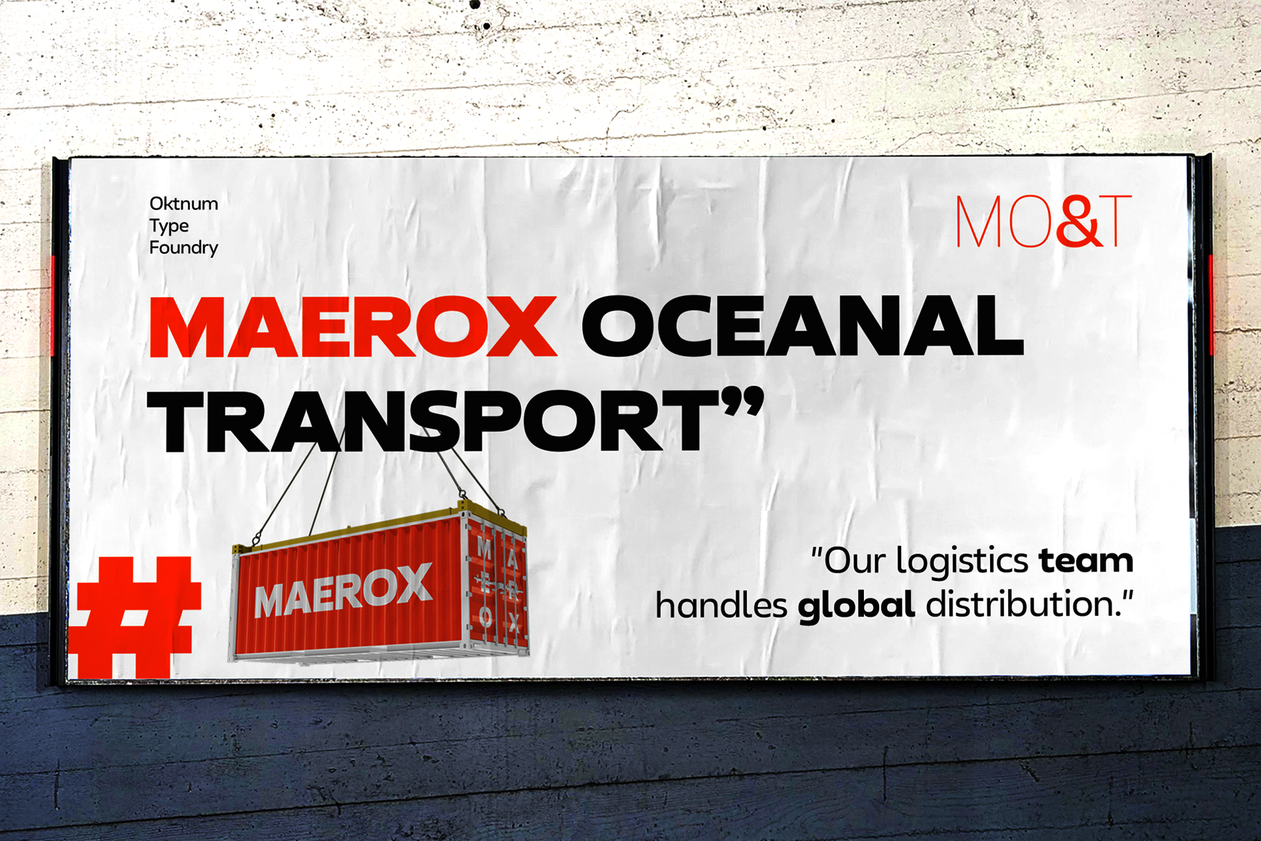 Billboard mockup showing red shipping container with MAEROX branding against weathered white wall