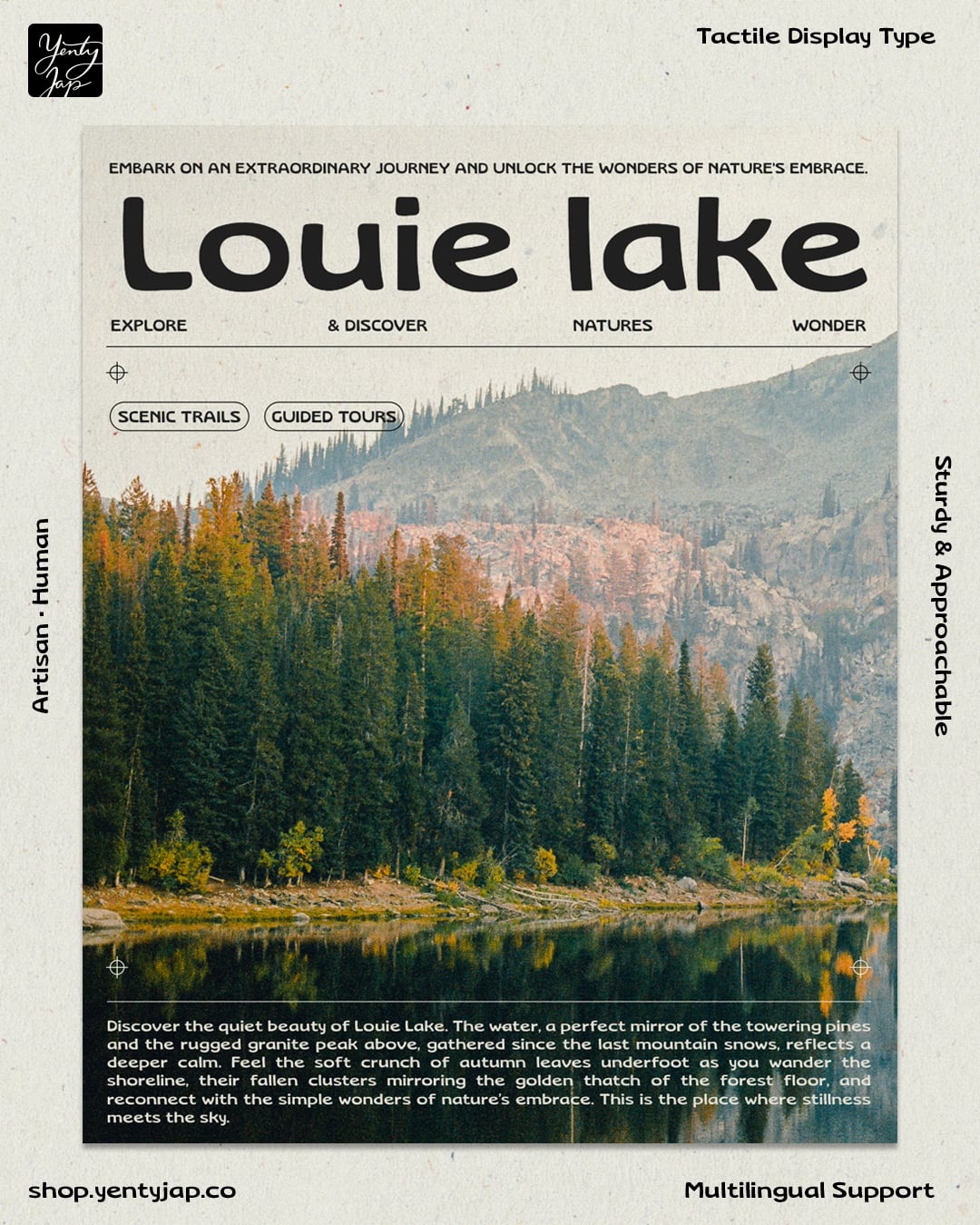 Vintage travel poster mockup for Louie Lake with forest landscape photo, bold display type