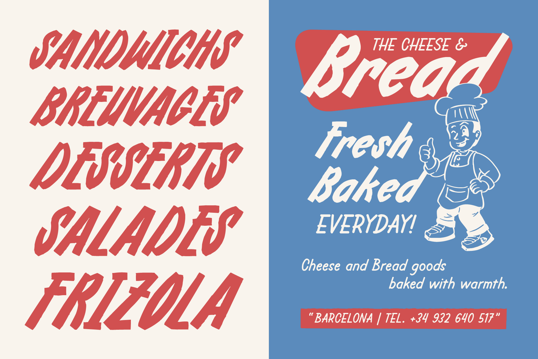 Vintage bakery poster mockup with retro chef illustration, red italic typography on blue background