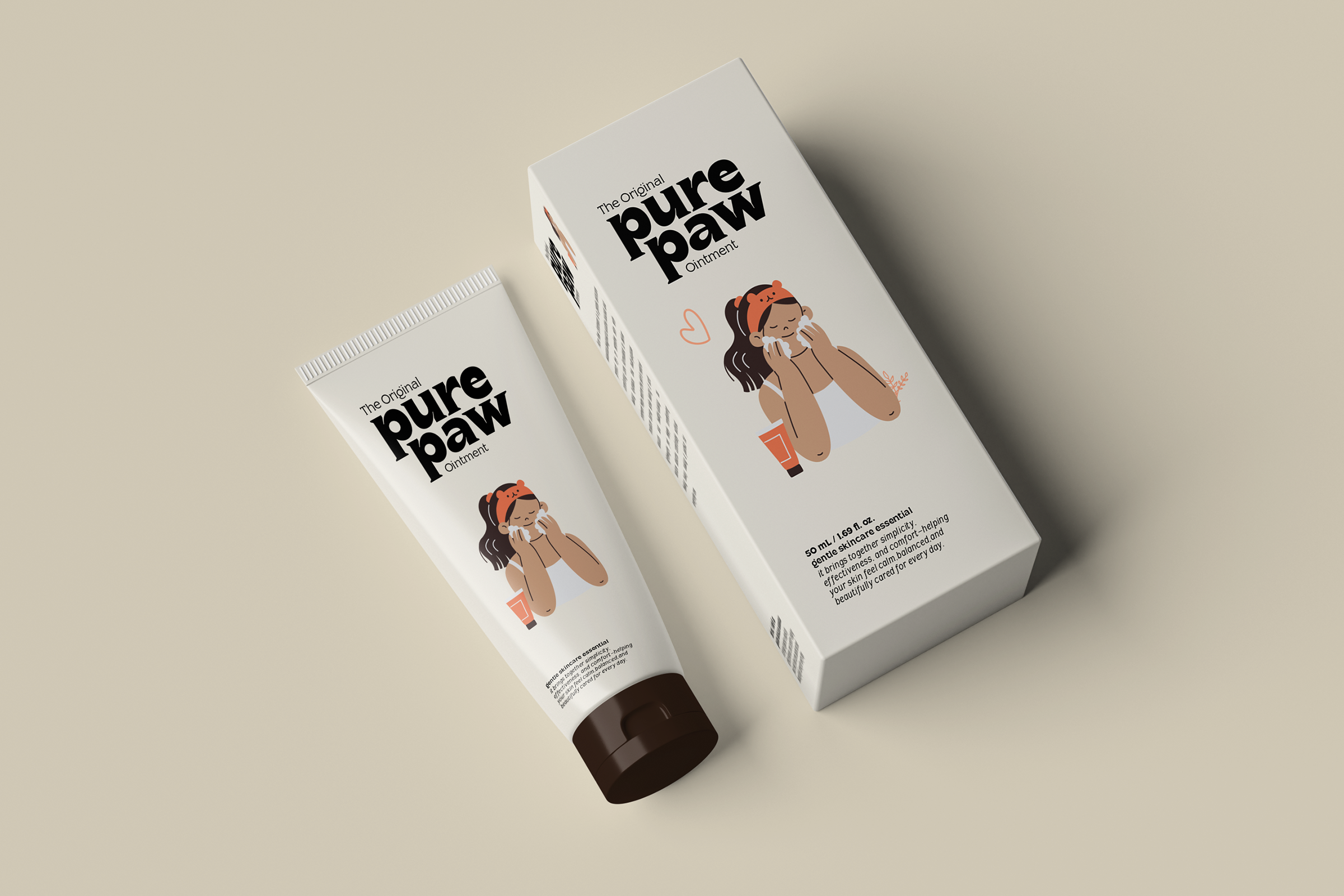 Skincare tube plus box mockup for Pure Paw ointment with illustrated character on beige background