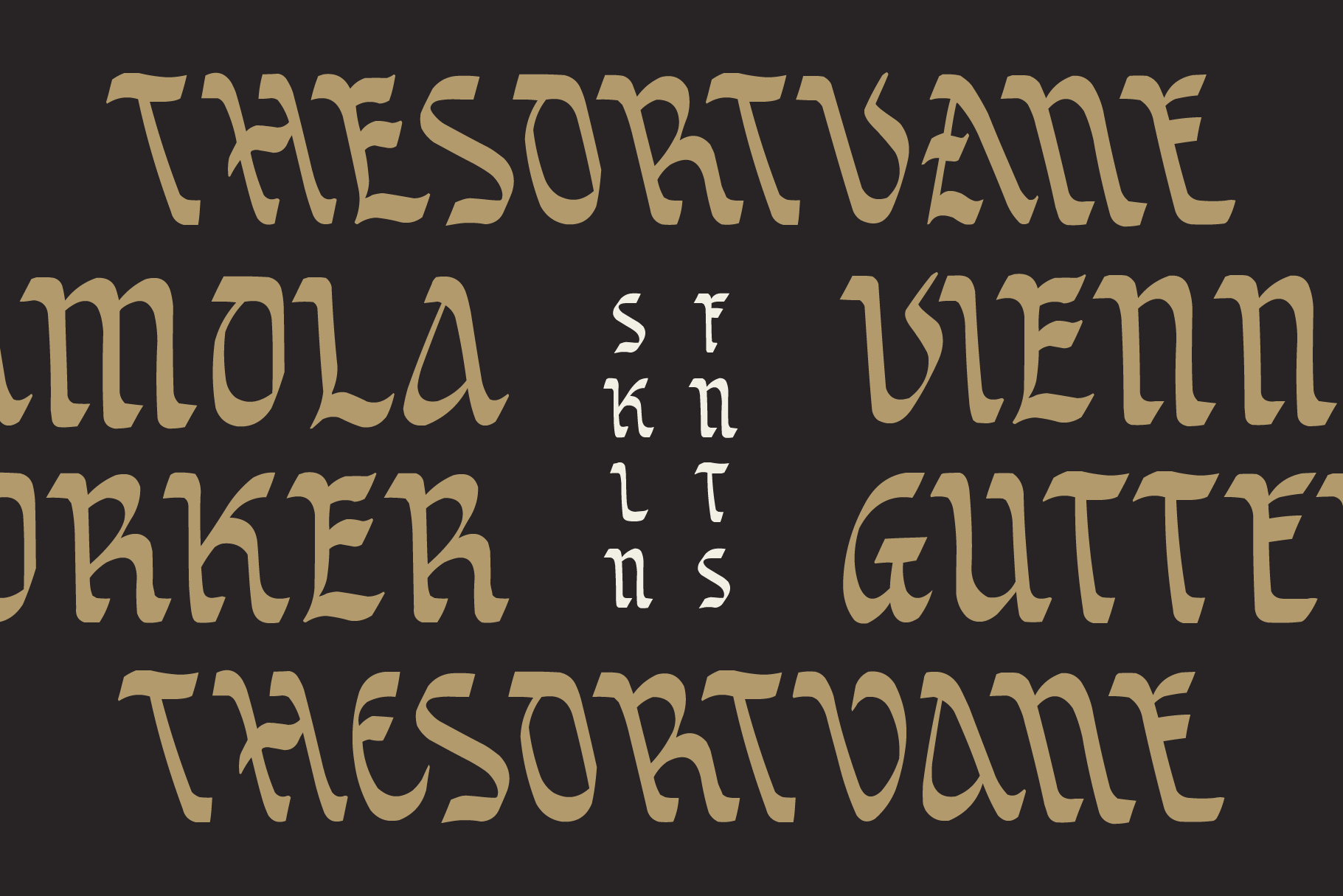 Thesortdame font with alternates shown in gold letters on dark background