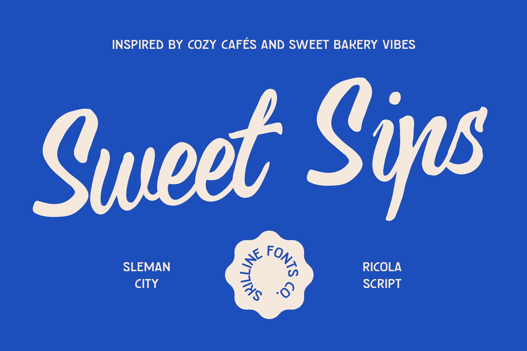 Sweet Syns script font in cream on bright blue, café-inspired typography display