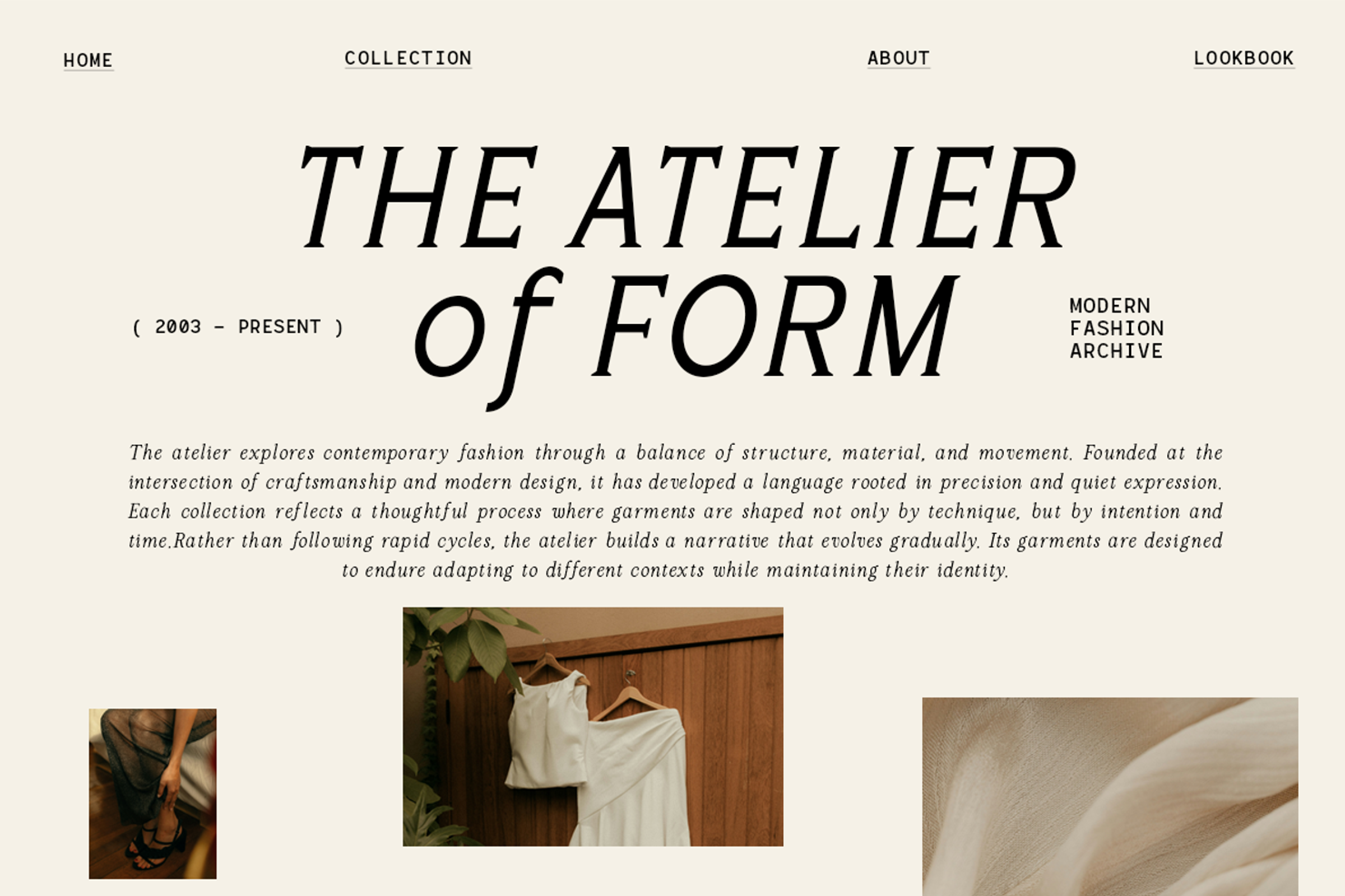 Minimal fashion brand website showing navigation, serif headline, descriptive text about contemporary design, plus three product photos of garments