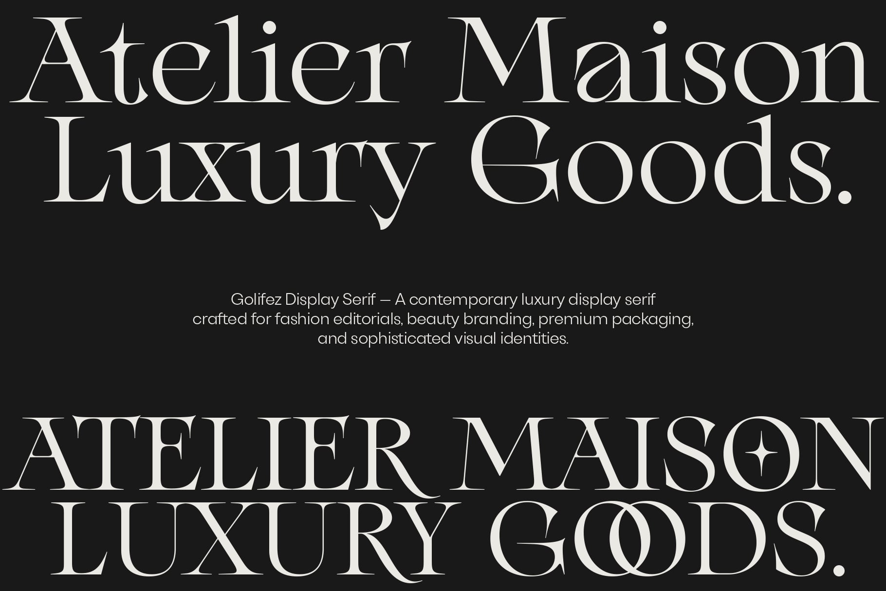 Golifez Display Serif luxury typeface showcased in elegant branding layouts with sophisticated serif letterforms