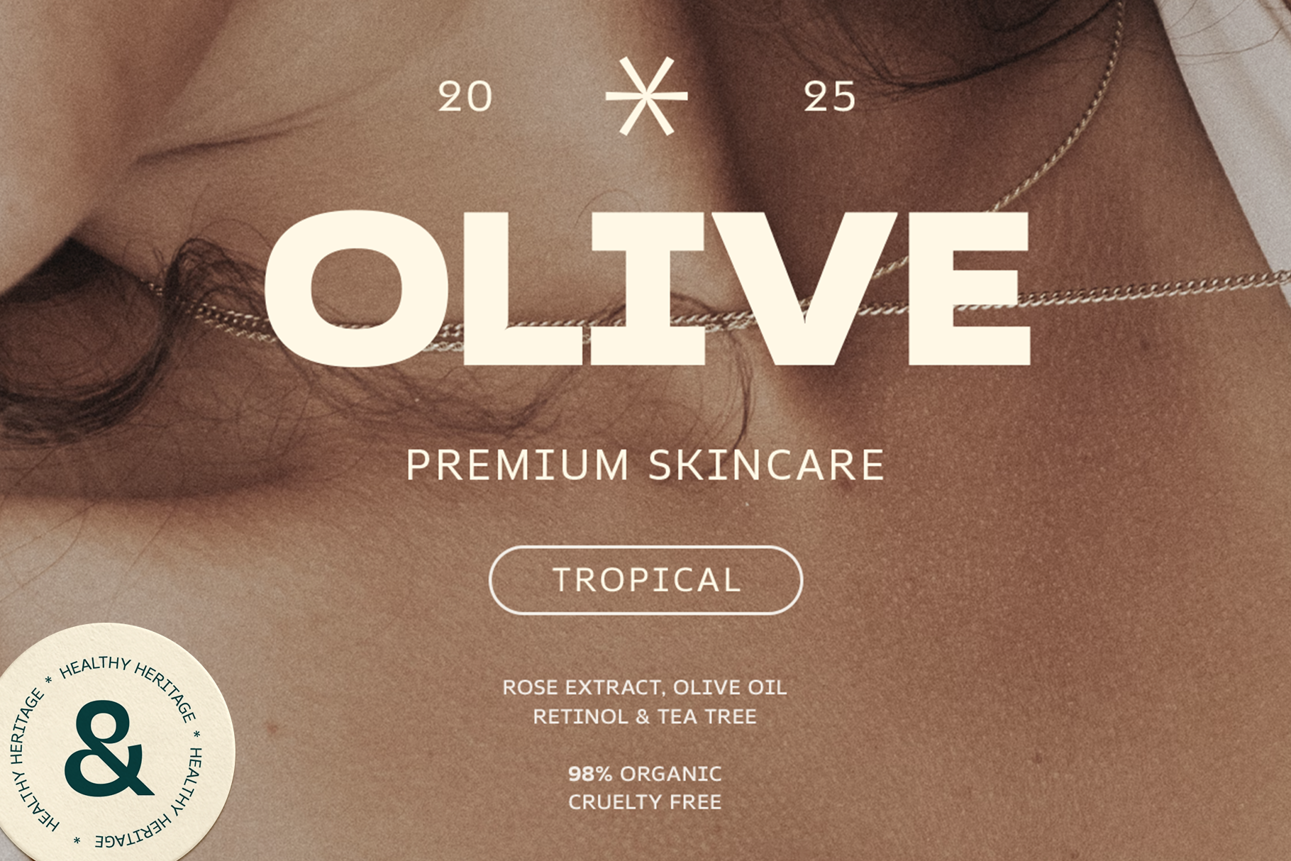 Skincare packaging mockup with cream tones, olive branch, organic product details displayed