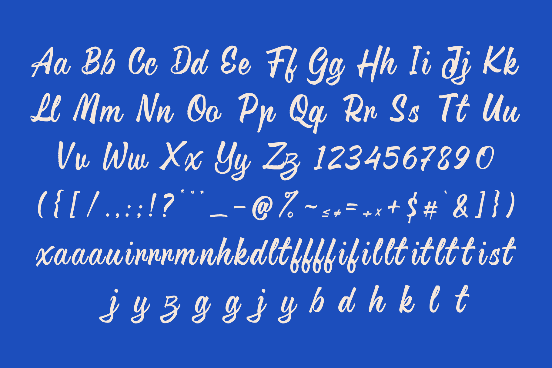 Cursive script font with full character set on bright blue background