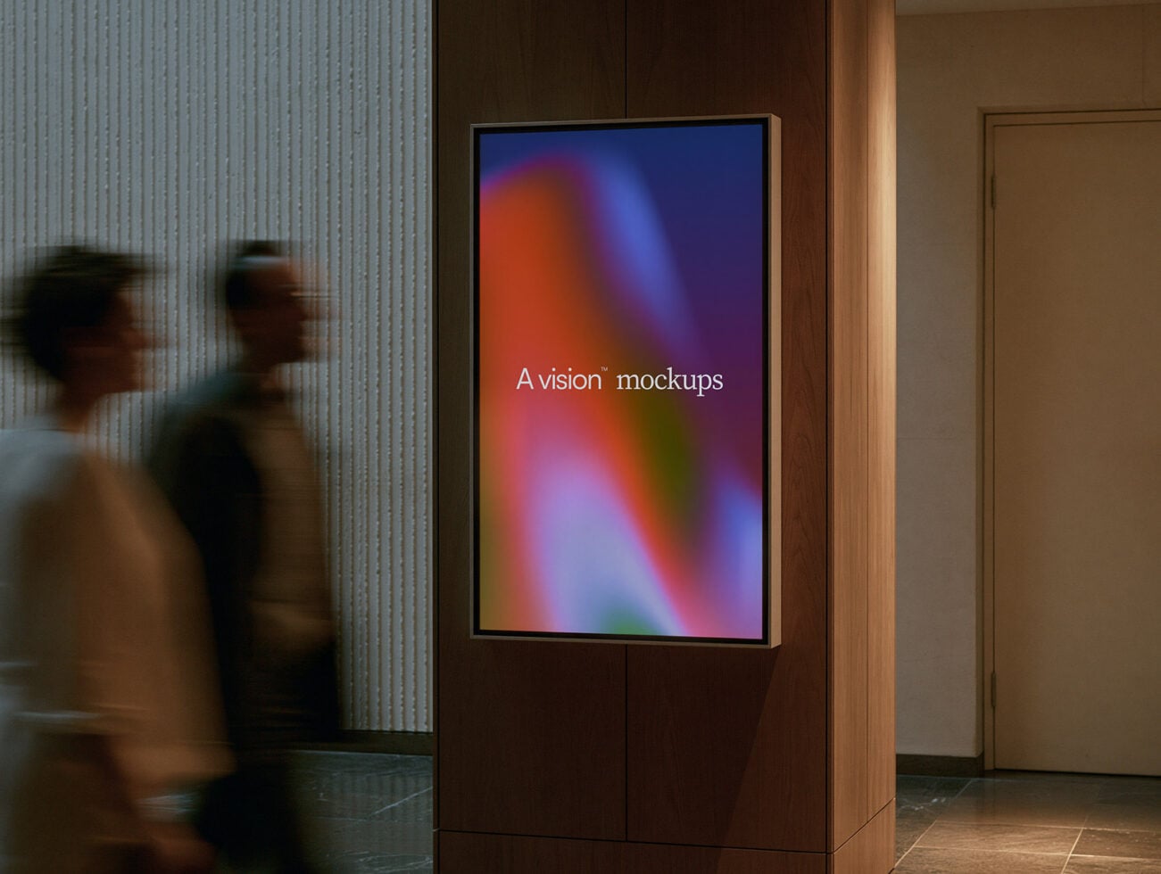 Vertical display screen with vibrant gradient background showing sample text in modern lobby setting
