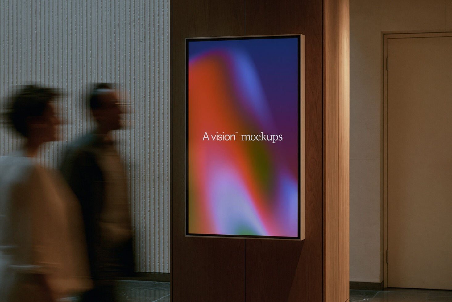 Wall-mounted display with vibrant gradient showing text overlay in modern lobby setting