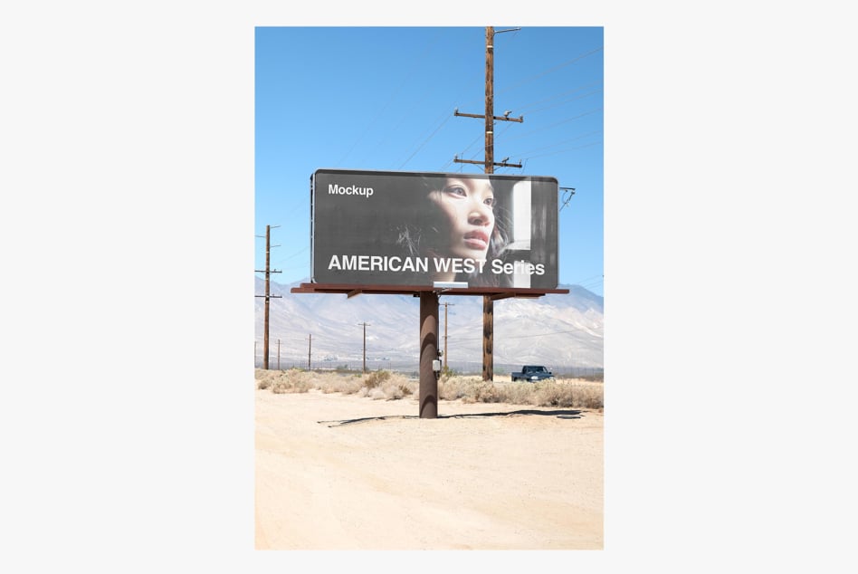 Vintage desert billboard mockup with woman's face, mountains in background