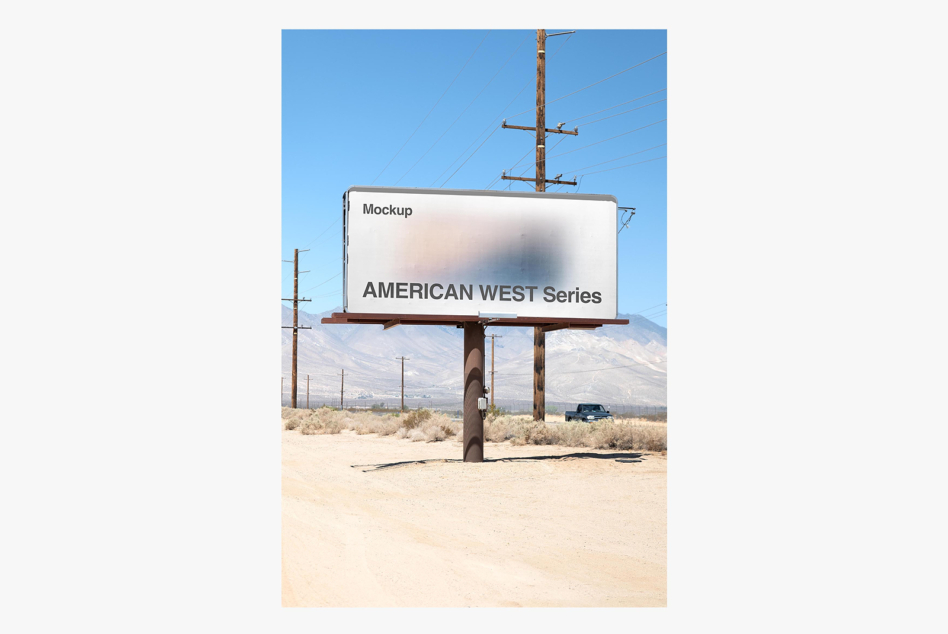 Vintage roadside billboard mockup in desert landscape with power lines