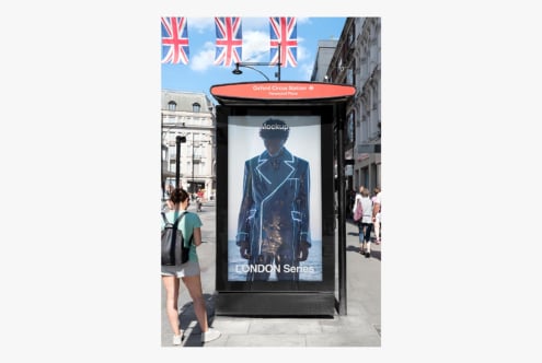 London Underground station poster mockup with fashion imagery on display