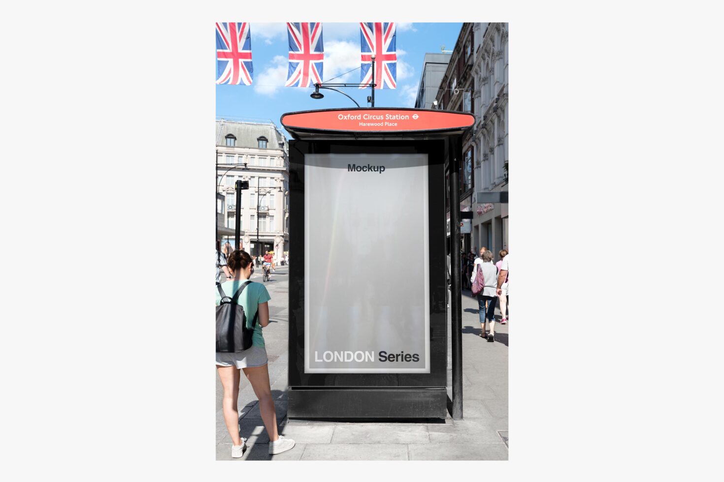London tube station poster mockup with Union Jack flags overhead