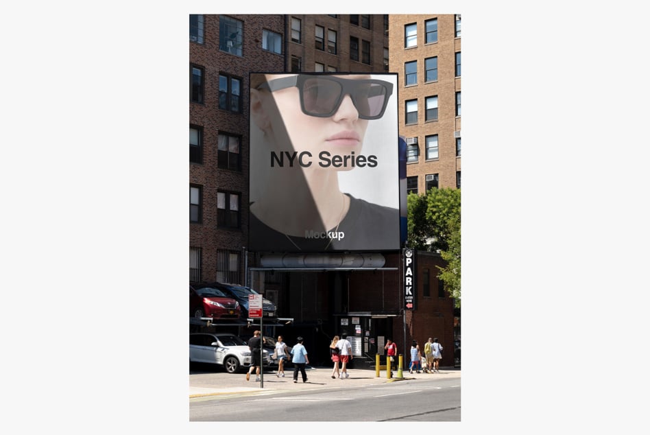 Large billboard mockup on NYC building facade showing sunglasses product with city street below