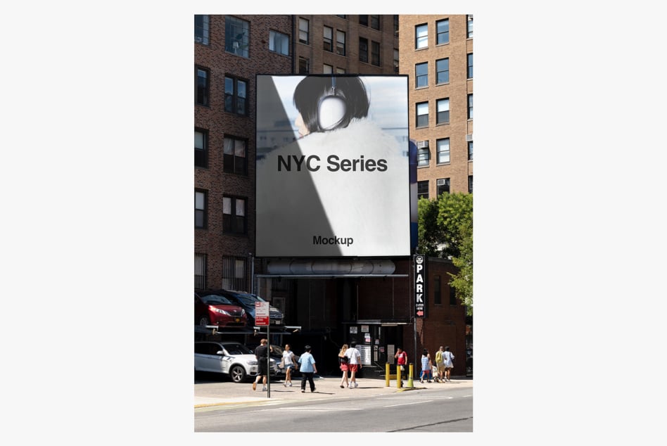 Large billboard on NYC street with "NYC Series Mockup" text, brick buildings, pedestrians below