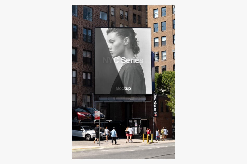 Large billboard mockup on urban street with portrait photo overlay
