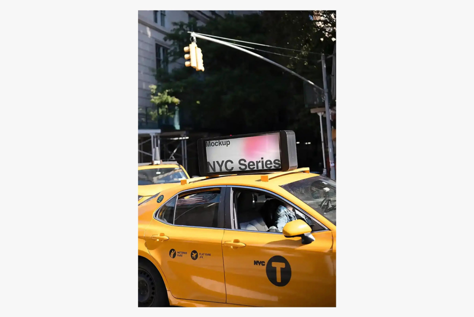 Taxi roof ad mockup on NYC yellow cab with traffic light above