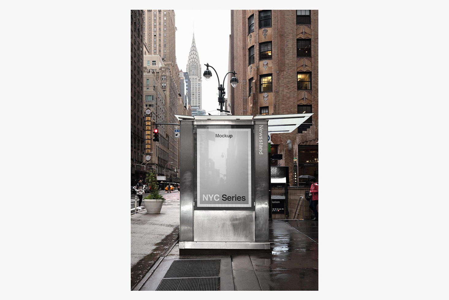Street kiosk mockup with NYC skyline, Chrysler Building visible in background