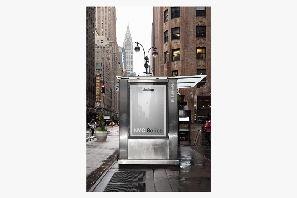 NYC street kiosk mockup with Chrysler Building framed behind, editable poster space