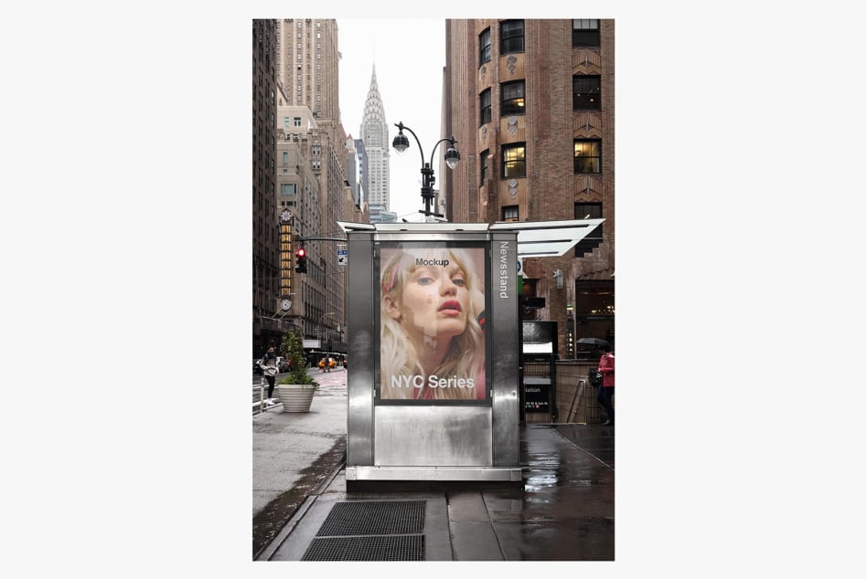 Street level billboard mockup in NYC with Chrysler Building framed behind it