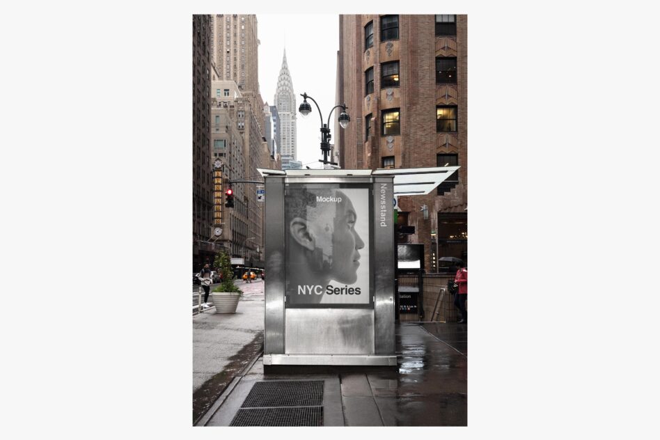 Street kiosk mockup with portrait photo displayed on NYC sidewalk with Chrysler Building backdrop