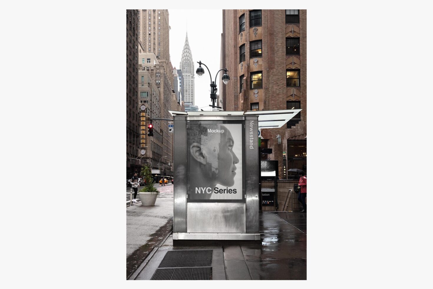 Street kiosk mockup with NYC backdrop, Chrysler Building visible behind urban display