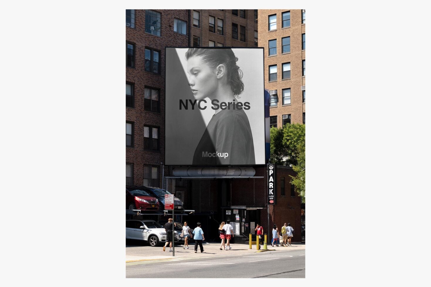 Large billboard mockup on NYC brick building facade with portrait photography