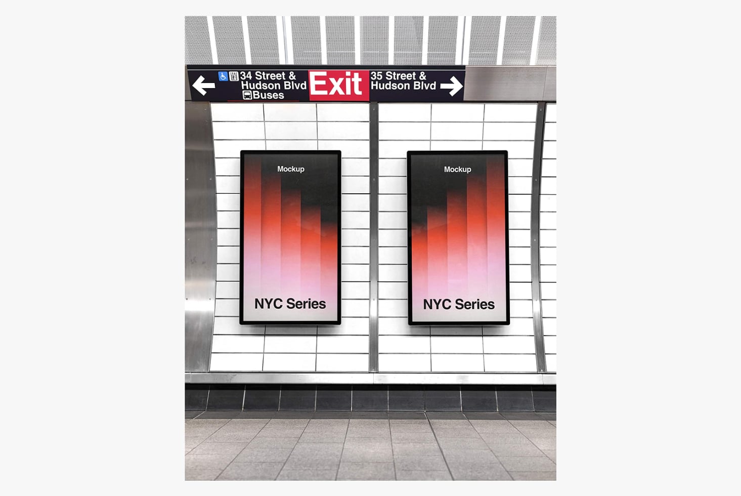 Dual tablet mockups on NYC subway station wall with exit signs above