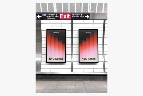 Dual tablet mockups on NYC subway station wall with exit signs above