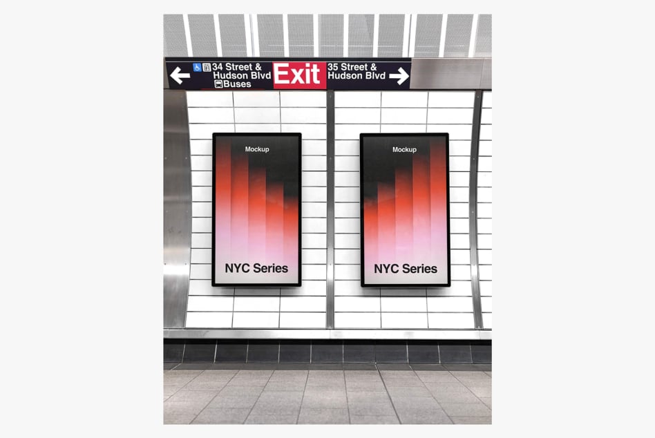Dual tablet mockups on NYC subway station wall with exit signs above