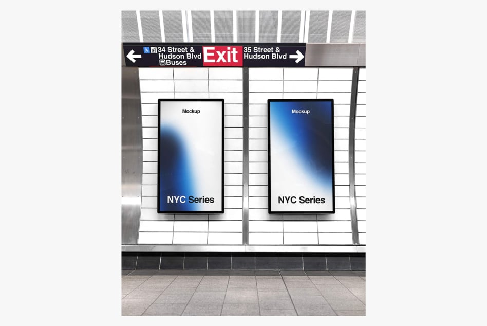 Subway station billboard mockup with two vertical screens flanking a red exit sign, NYC Series branding below