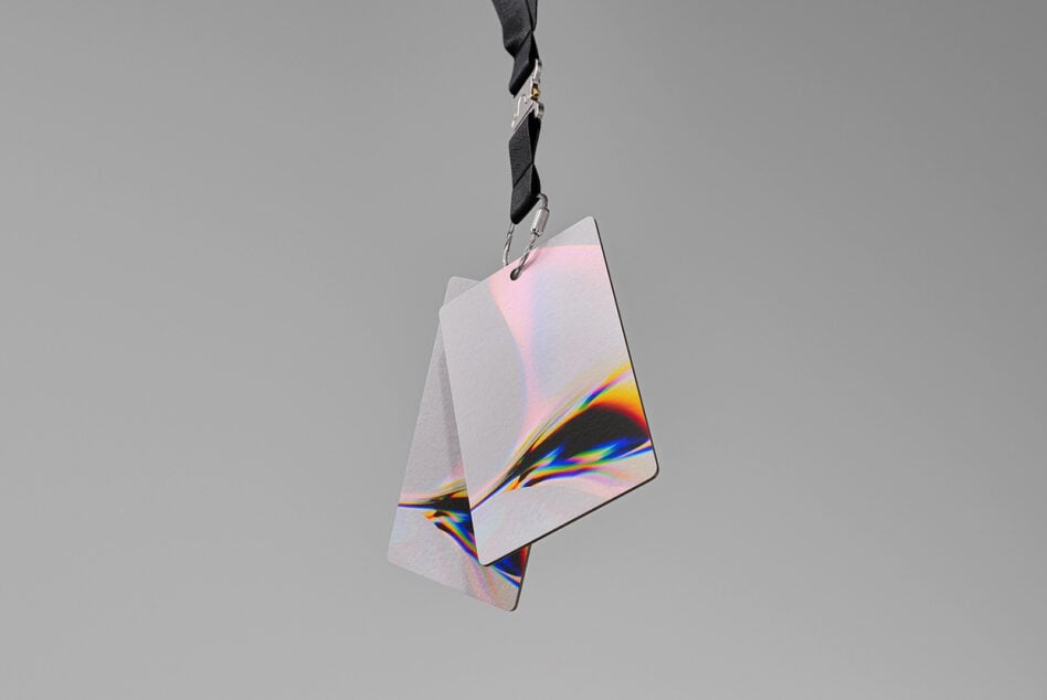ID card holder mockup with holographic prism effect on black lanyard against neutral background