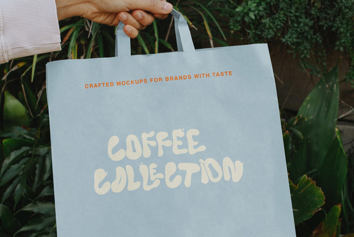 Hand holding light blue tote bag with cream lettering saying coffee collection against green foliage background