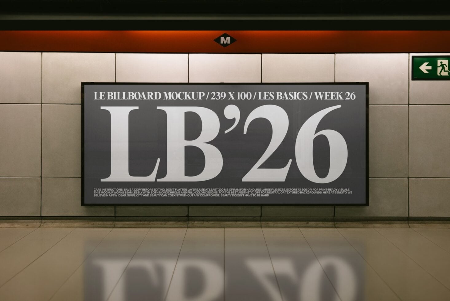 Billboard mockup in subway station showing large serif typography on dark background