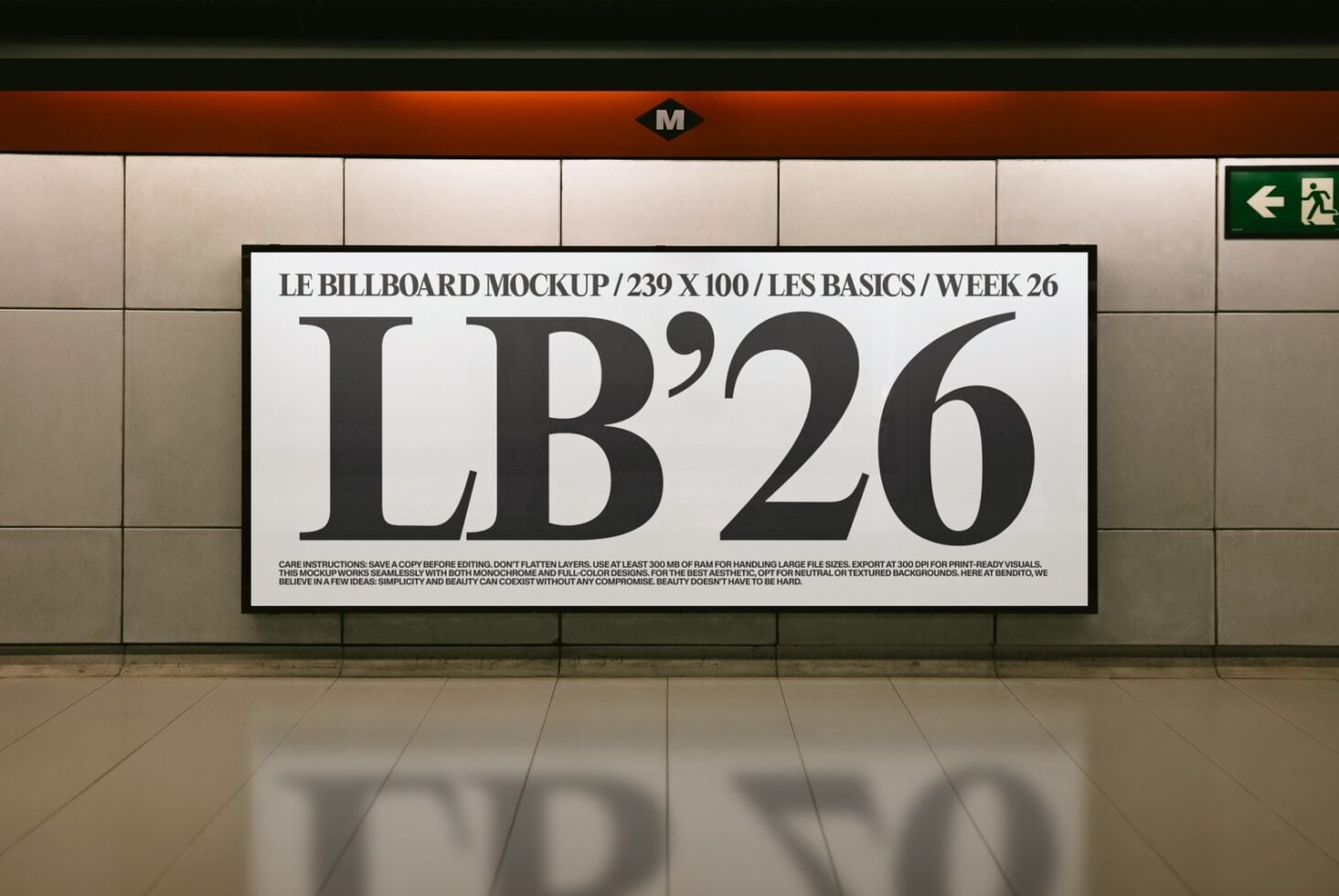 Subway billboard mockup showing LB'26 in bold serif typography on beige tiled wall with orange trim
