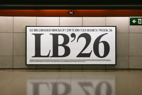 Subway billboard mockup showing LB'26 in bold serif typography on beige tiled wall with orange trim