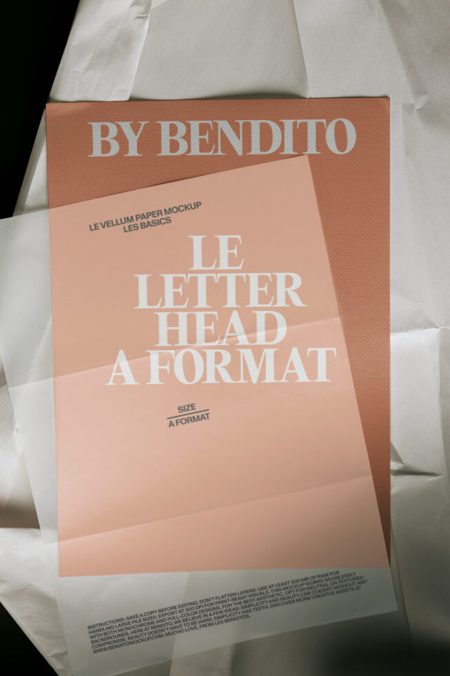 Letterhead mockup in peach with cream text on layered paper, By Bendito branding visible on rust background