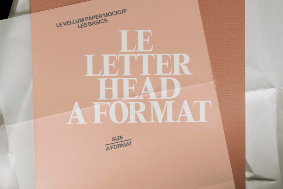 Soft peachy letterhead mockup showing A4 format with serif typography on textured paper background