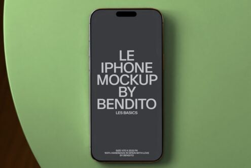 iPhone 14 Pro mockup on sage green background displaying centered typography layout