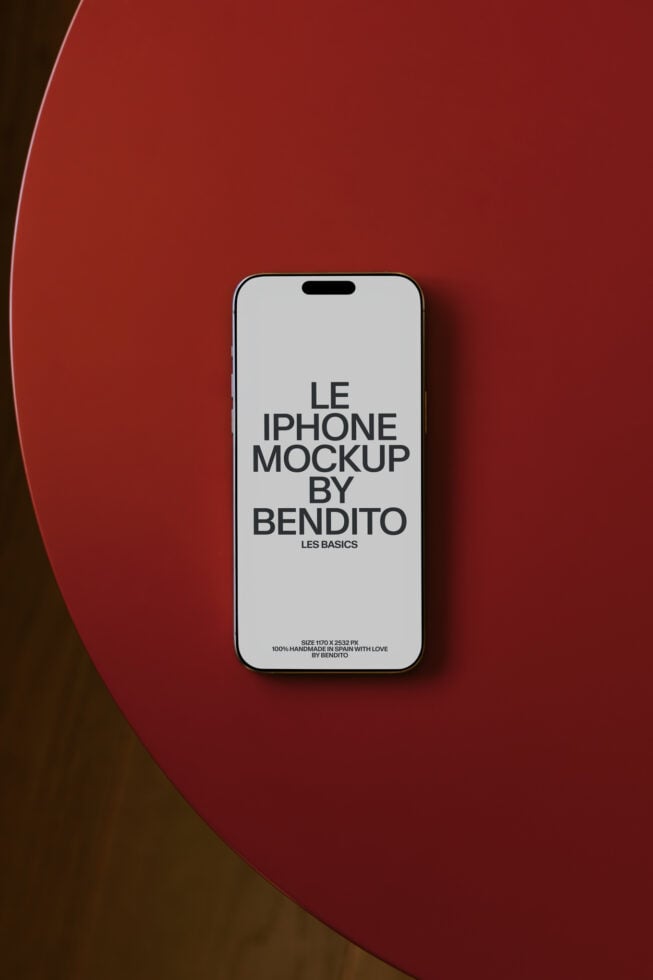 iPhone mockup on vibrant red curved background with minimalist aesthetic by Bendito